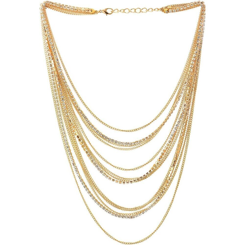 Waterfall Multi-Strand Statement Necklace Rhinestones Gold Plated Dress Jewelry
